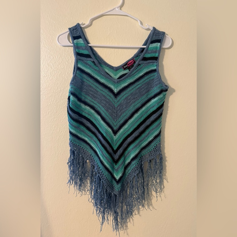 Y2K Say What? Striped V‑Point Fringe Knit Tank in Blue and Teal